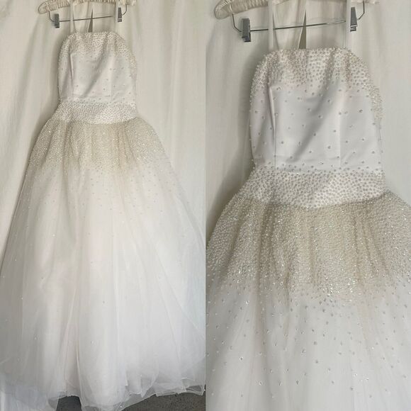 Oleg Cassini Women's 8 Dress White Satin Wedding Beaded Bodice & Tulle Skirt